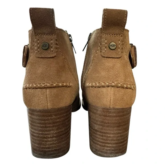 Women’s UGG Size 9 Suede Camel Colored Leahy Booties w Side Zip & Buckle - Picture 7 of 10